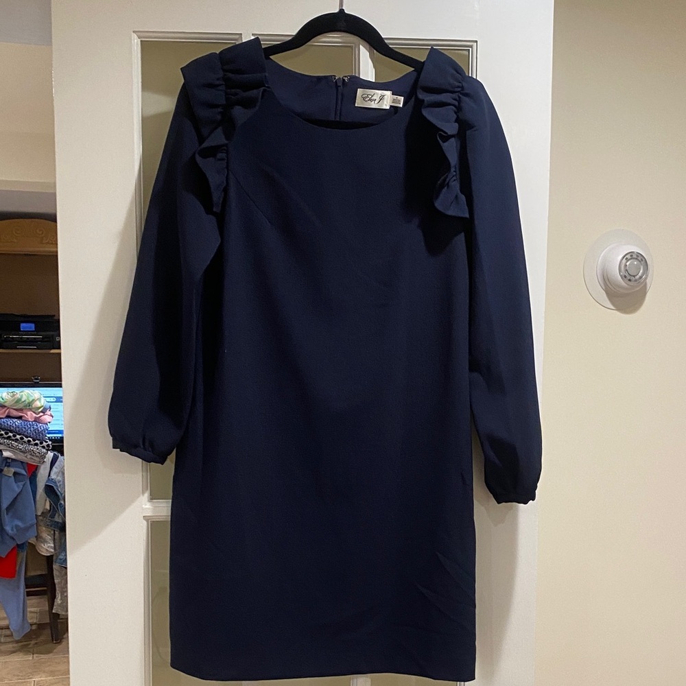 Eliza J Navy Ruffle Shoulder Long-Sleeve Dress